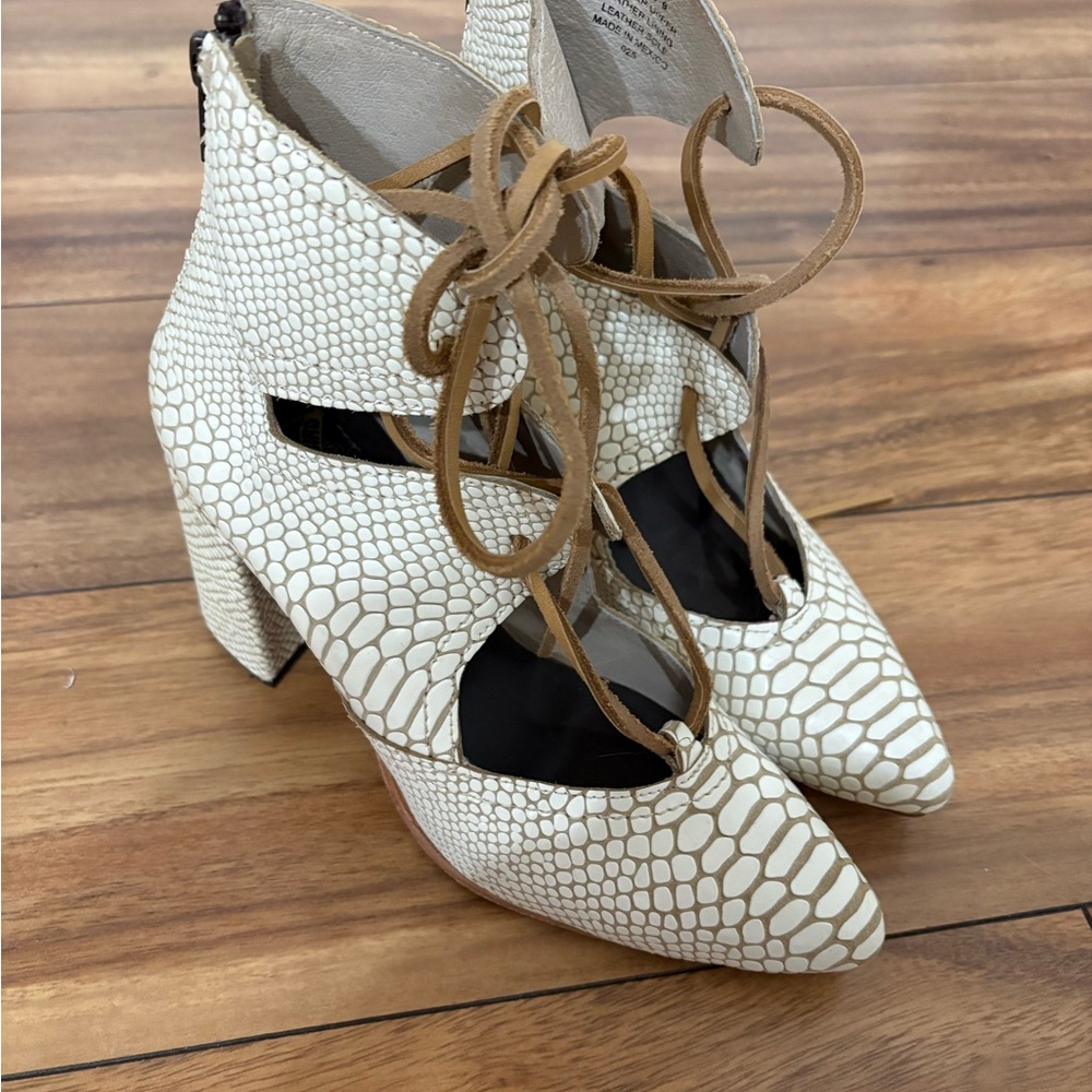Freebird Joyce White and Tan Lace-Up Heels
